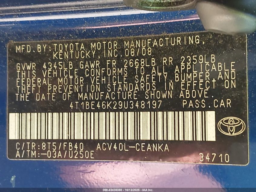 2009 Toyota Camry Le VIN: 4T1BE46K29U348197 Lot: 43438388