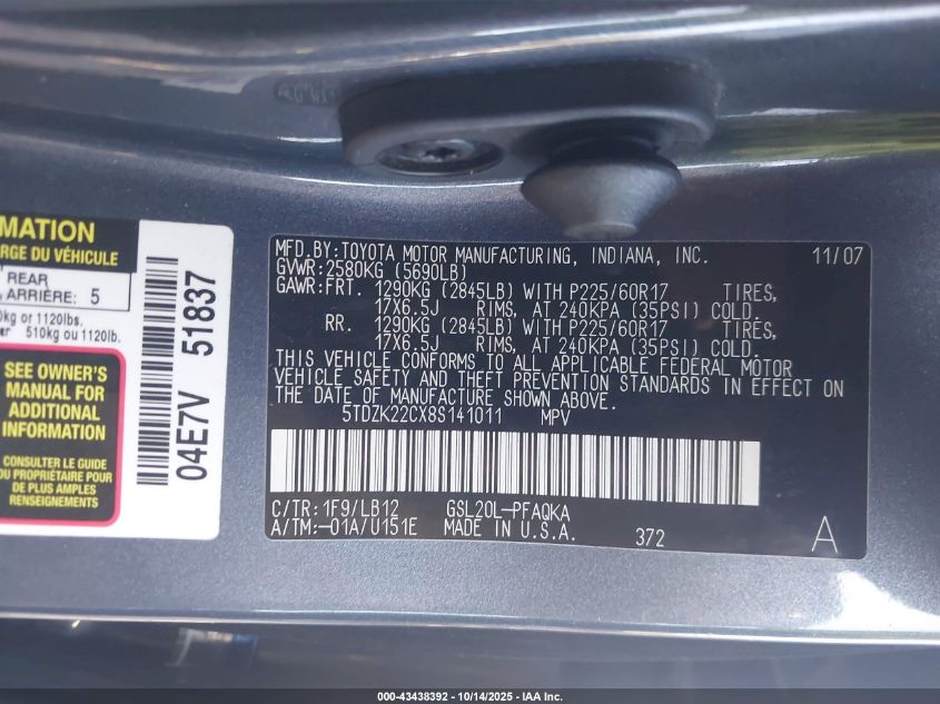 2008 Toyota Sienna Xle VIN: 5TDZK22CX8S141011 Lot: 43438392