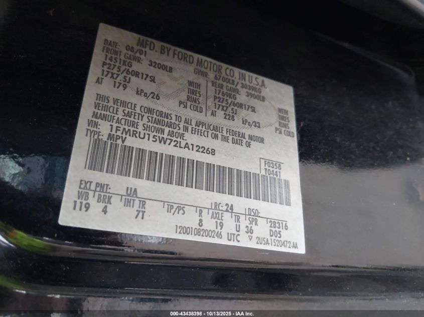 2002 Ford Expedition Xlt VIN: 1FMRU15W72LA12268 Lot: 43438398