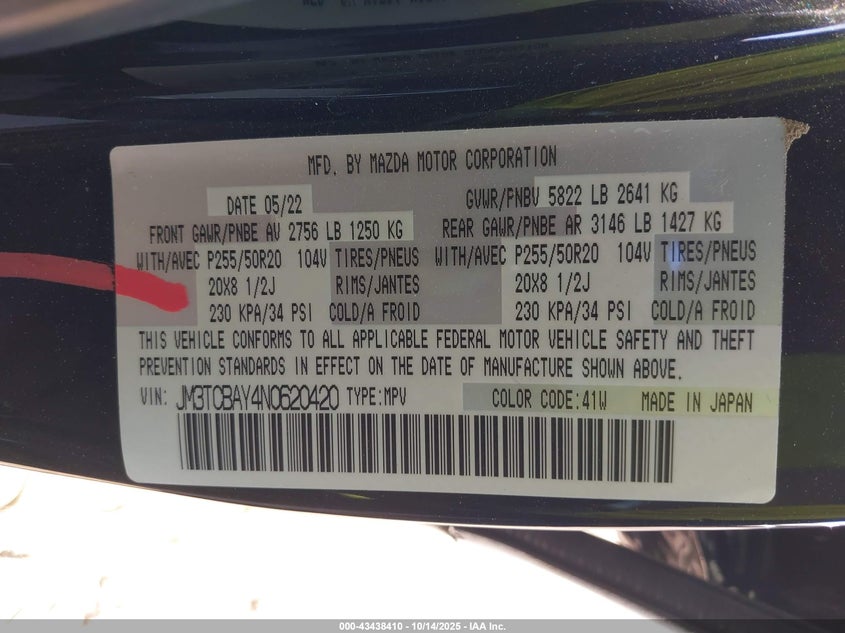 2022 MAZDA CX-9 2.5L I-4 DI, DOHC, V(VIN: JM3TCBAY4N0620420