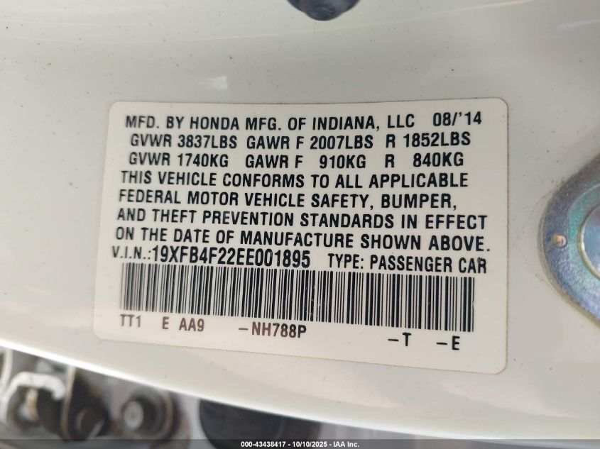 2014 Honda Civic Hybrid VIN: 19XFB4F22EE001895 Lot: 43438417