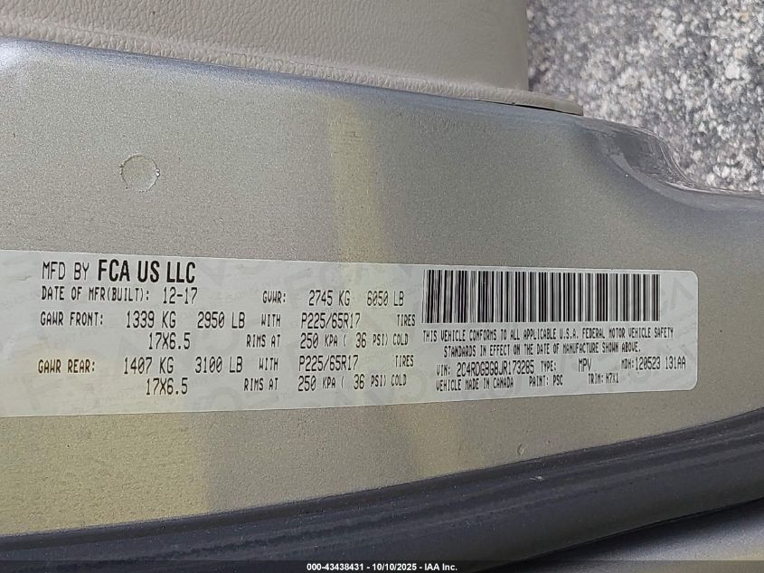 2018 Dodge Grand Caravan Se VIN: 2C4RDGBG8JR173285 Lot: 43438431