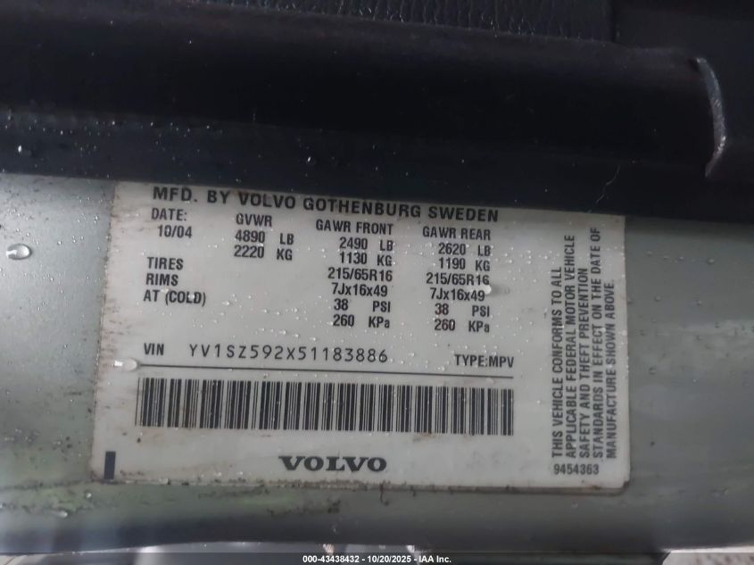 2005 Volvo Xc70 2.5T Awd VIN: YV1SZ592X51183886 Lot: 43438432