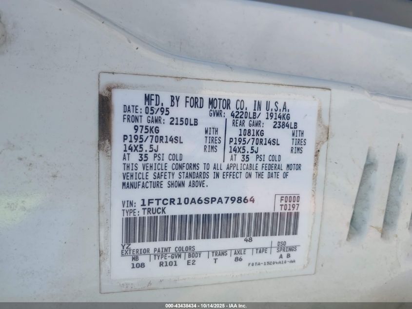 1995 Ford Ranger VIN: 1FTCR10A6SPA79864 Lot: 43438434