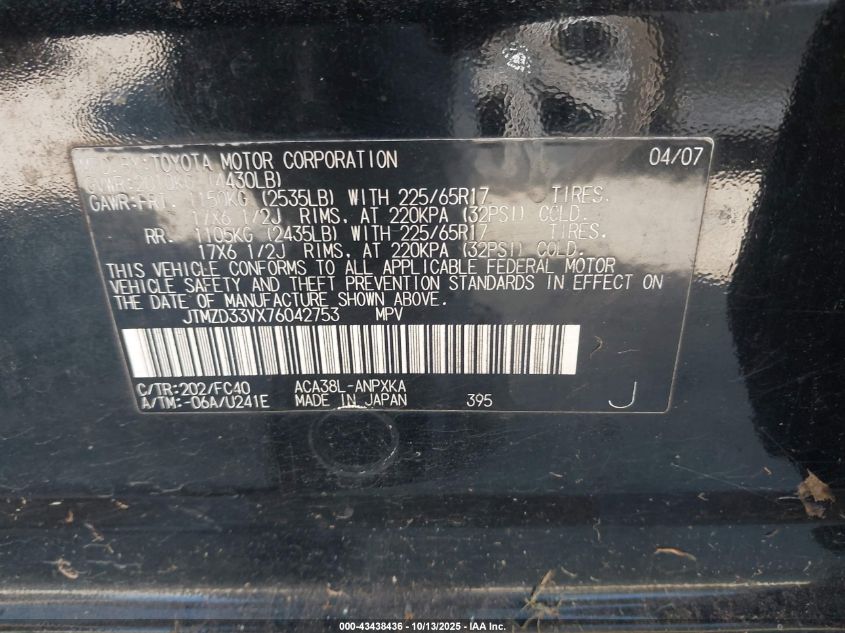 2007 Toyota Rav4 VIN: JTMZD33VX76042753 Lot: 43438436