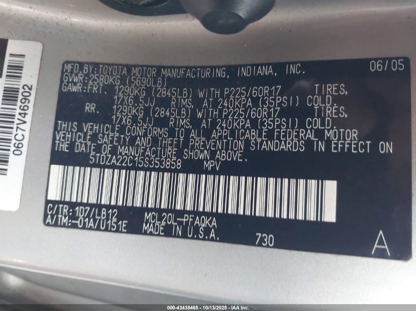 2005 Toyota Sienna Xle VIN: 5TDZA22C15S353858 Lot: 43438465