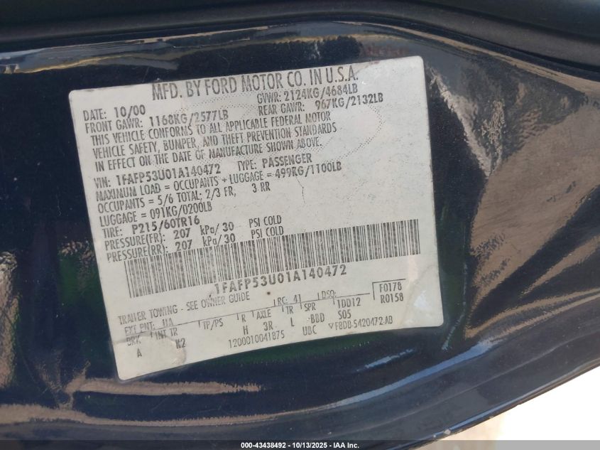 2001 Ford Taurus Se VIN: 1FAFP53U01A140472 Lot: 43438492