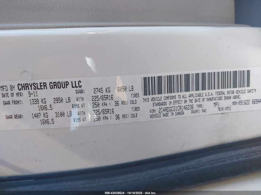 2012 Dodge Grand Caravan Sxt VIN: 2C4RDGCG1CR146236 Lot: 43438524