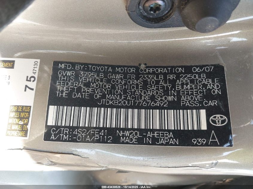 2007 Toyota Prius VIN: JTDKB20U177676492 Lot: 43438528