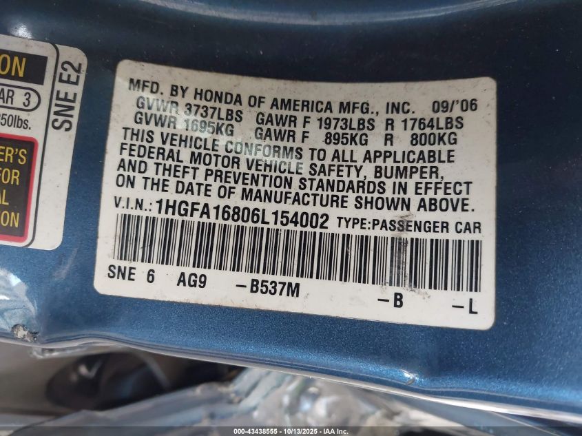 2006 Honda Civic Ex VIN: 1HGFA16806L154002 Lot: 43438555