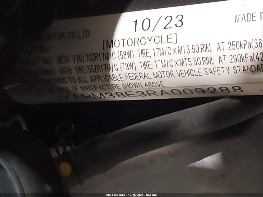 2024 Yamaha Yzfr7 VIN: JYARM38E3RA009288 Lot: 43438565