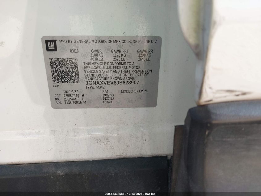 2018 Chevrolet Equinox Premier VIN: 3GNAXVEV6JS628907 Lot: 43438586