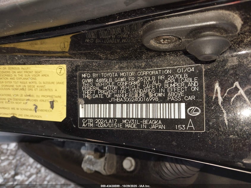 JTHBA30G240016998 2004 LEXUS ES photo no. 9