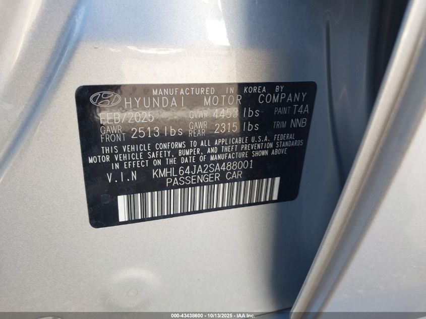 2025 Hyundai Sonata Sel VIN: KMHL64JA2SA488001 Lot: 43438600