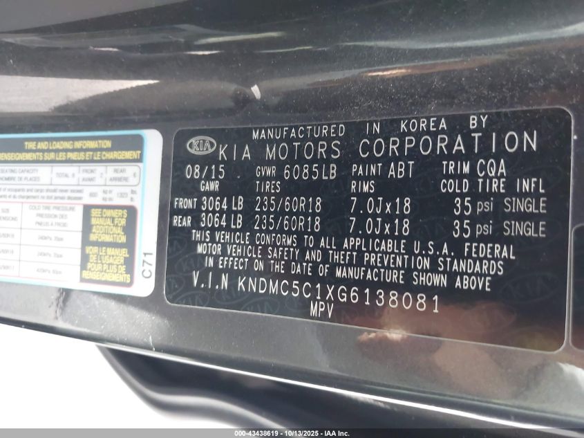 2016 Kia Sedona Ex VIN: KNDMC5C1XG6138081 Lot: 43438619