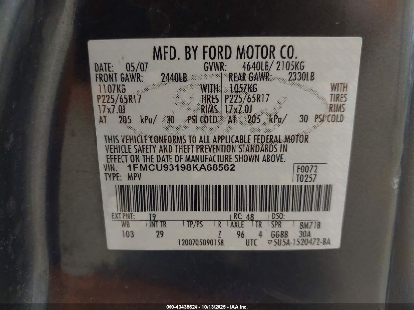 2008 Ford Escape Xlt VIN: 1FMCU93198KA68562 Lot: 43438624