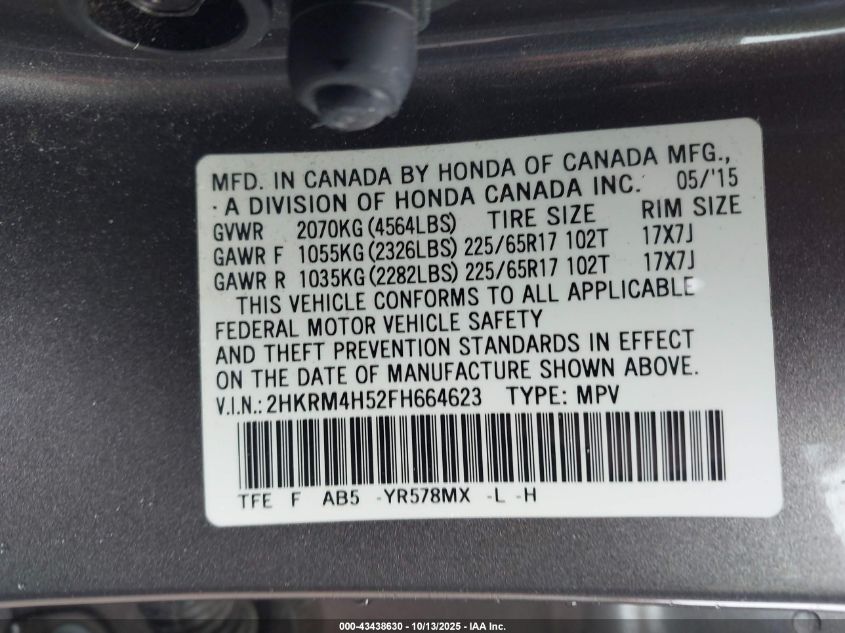 2015 Honda Cr-V Ex VIN: 2HKRM4H52FH664623 Lot: 43438630