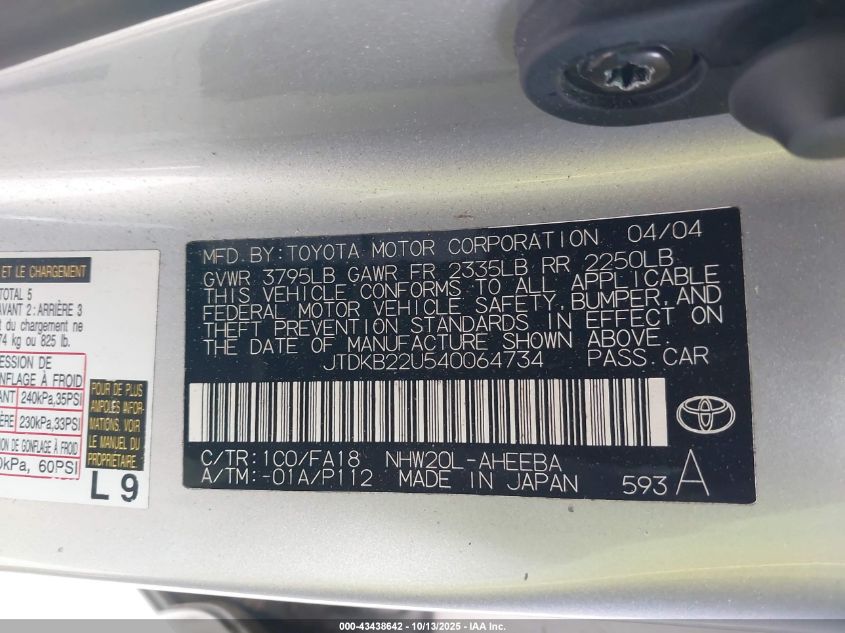 2004 Toyota Prius VIN: JTDKB22U540064734 Lot: 43438642