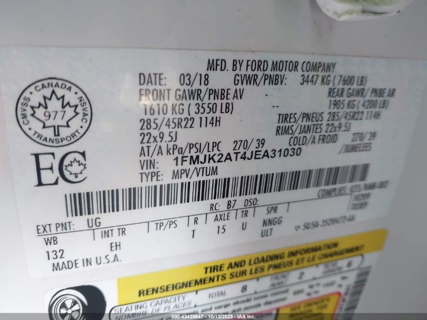 2018 Ford Expedition Max Limited VIN: 1FMJK2AT4JEA31030 Lot: 43438647