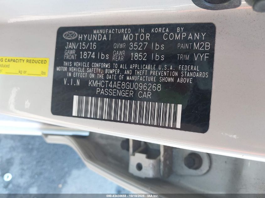 2016 Hyundai Accent Se VIN: KMHCT4AE8GU096268 Lot: 43438658