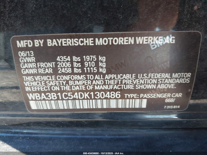 2013 BMW 320I WBA3B1C54DK130486