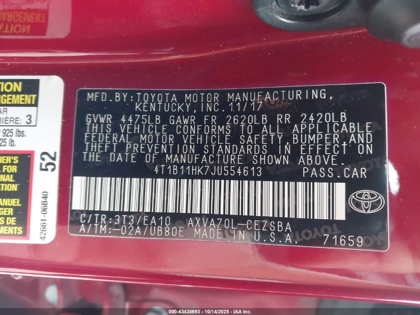 2018 Toyota Camry Se VIN: 4T1B11HK7JU554613 Lot: 43438693