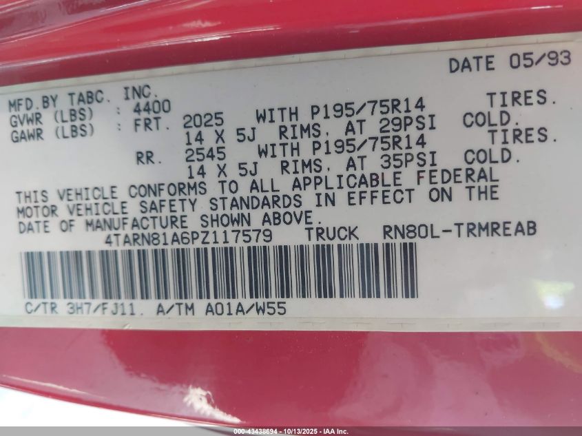 1993 Toyota Pickup 1/2 Ton Short Whlbase Stb VIN: 4TARN81A6PZ117579 Lot: 43438694