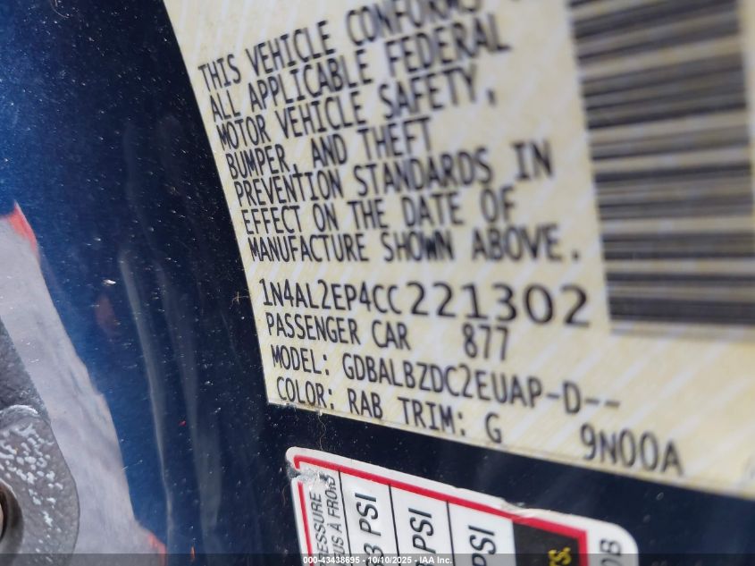 2012 Nissan Altima 2.5 S VIN: 1N4AL2EP4CC221302 Lot: 43438695