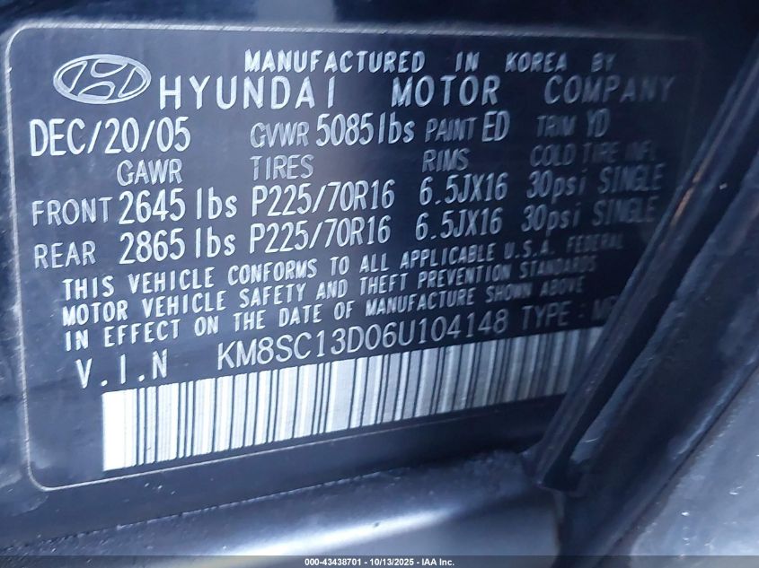 2006 Hyundai Santa Fe Gls VIN: KM8SC13D06U104148 Lot: 43438701