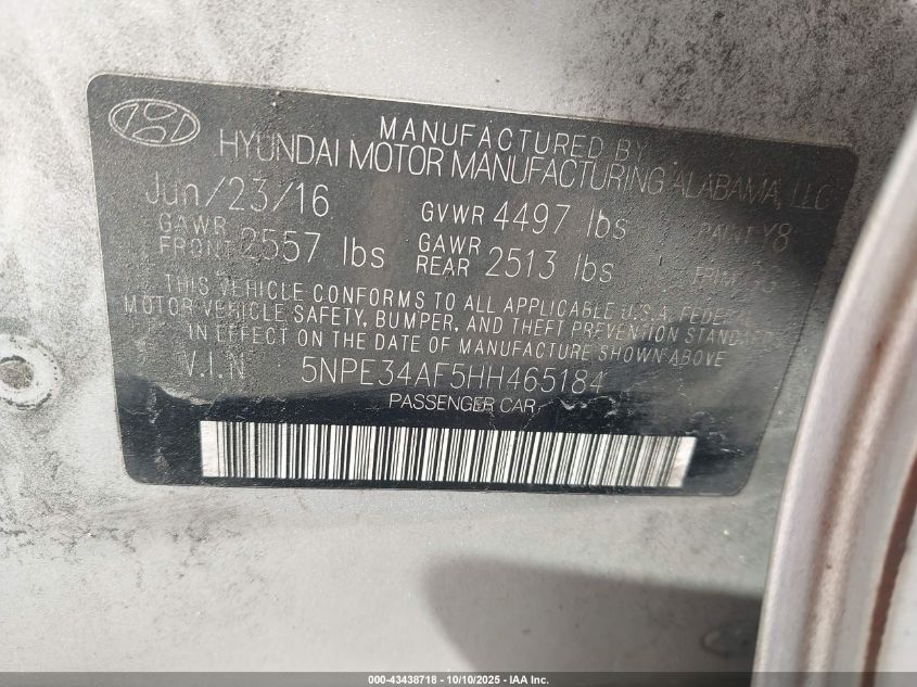 2017 Hyundai Sonata Sport VIN: 5NPE34AF5HH465184 Lot: 43438718