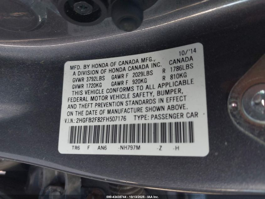 2015 Honda Civic Ex VIN: 2HGFB2F82FH507176 Lot: 43438744