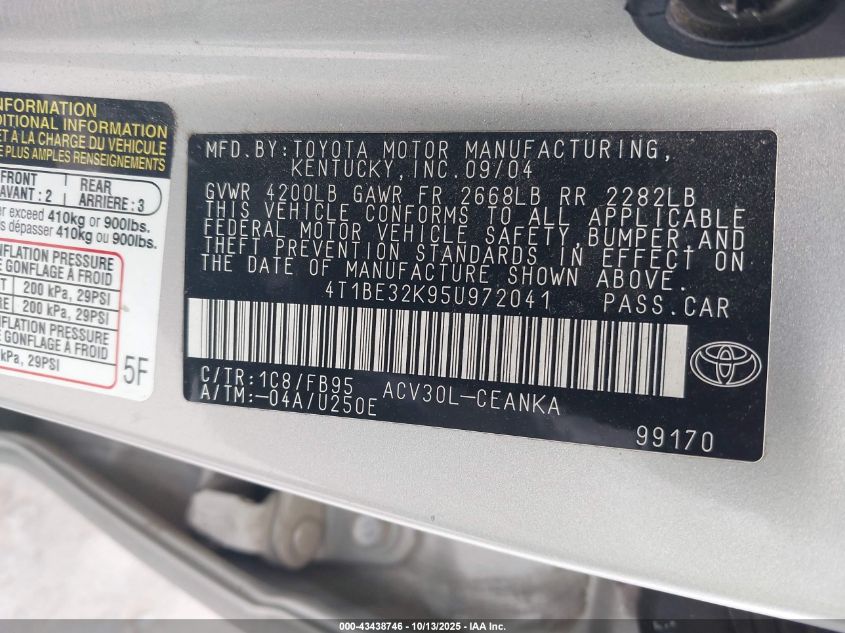 2005 Toyota Camry Le VIN: 4T1BE32K95U972041 Lot: 43438746