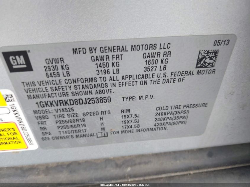 2013 GMC Acadia Slt-1 VIN: 1GKKVRKD8DJ253859 Lot: 43438754