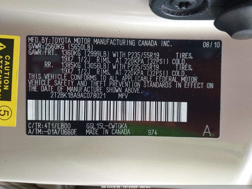 2010 Lexus Rx 350 VIN: 2T2BK1BA9AC078021 Lot: 43438759