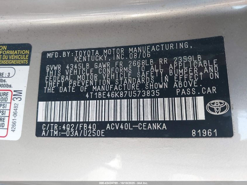 2007 Toyota Camry Ce VIN: 4T1BE46K87U573835 Lot: 43438769