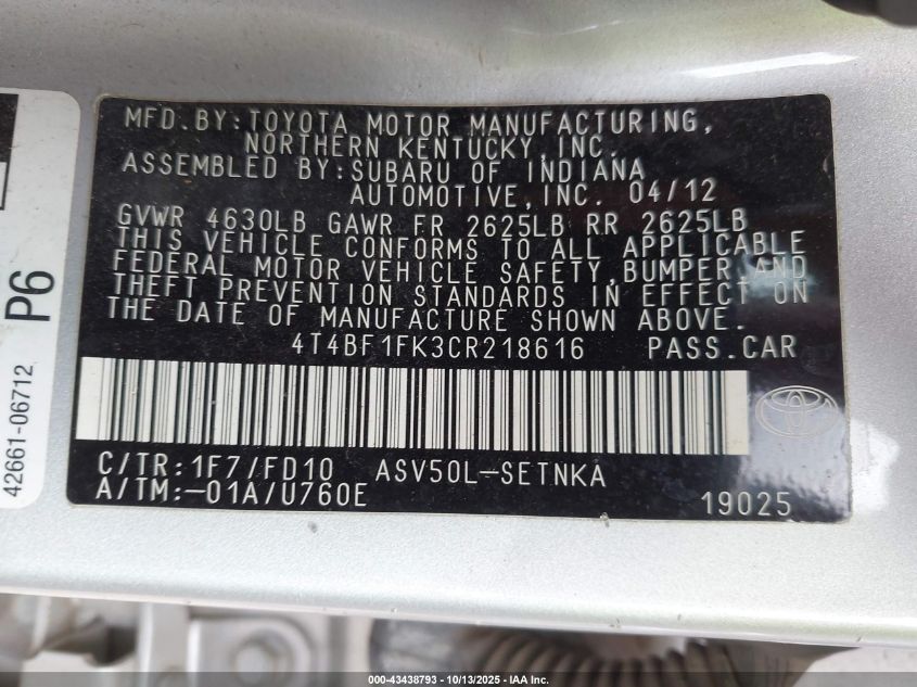 2012 Toyota Camry Le VIN: 4T4BF1FK3CR218616 Lot: 43438793