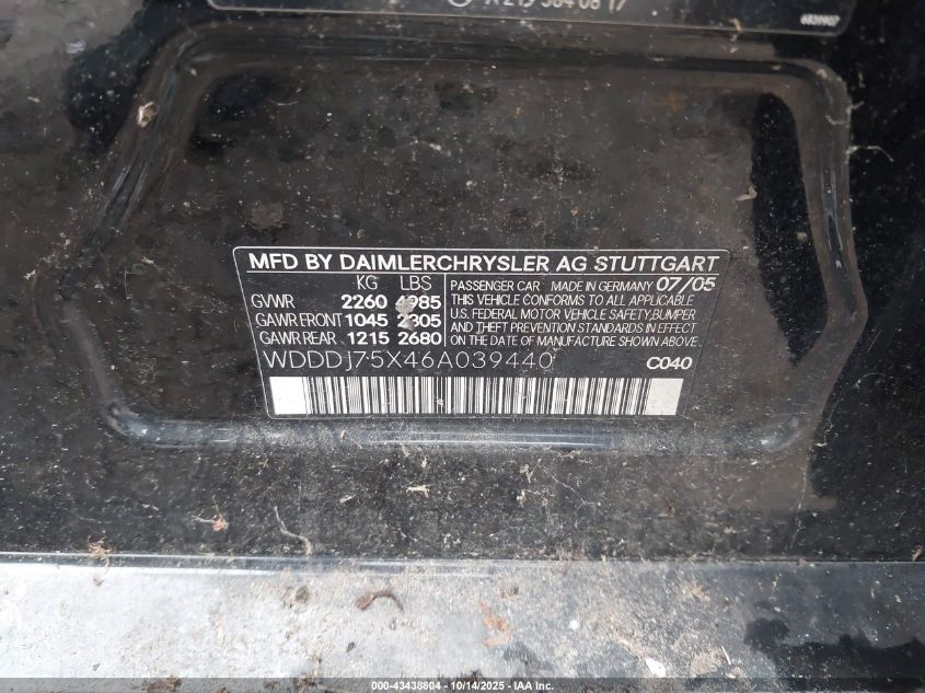 2006 Mercedes-Benz Cls 500 VIN: WDDDJ75X46A039440 Lot: 43438804