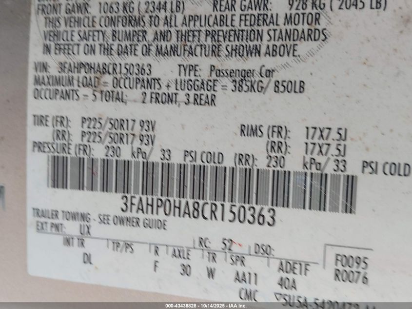 2012 Ford Fusion Se VIN: 3FAHP0HA8CR150363 Lot: 43438828