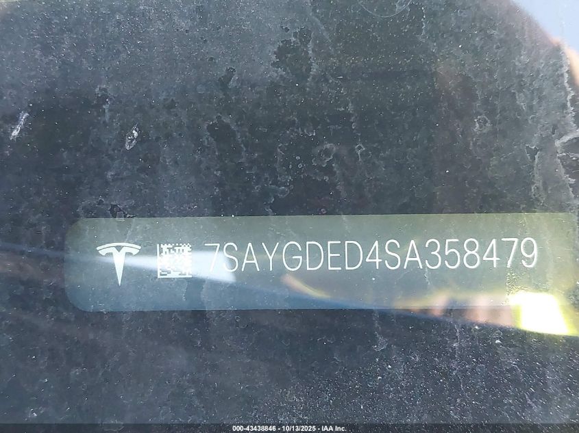 2025 Tesla Model Y Long Range Dual Motor Rear-Wheel Drive VIN: 7SAYGDED4SA358479 Lot: 43438846