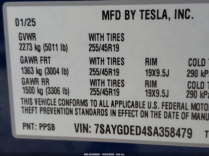 2025 Tesla Model Y Long Range Dual Motor Rear-Wheel Drive VIN: 7SAYGDED4SA358479 Lot: 43438846