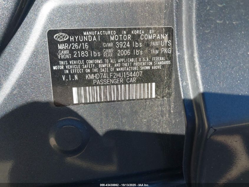 2017 Hyundai Elantra Se VIN: KMHD74LF2HU154407 Lot: 43438862