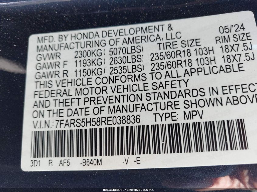 2024 Honda Cr-V Hybrid Sport VIN: 7FARS5H58RE038836 Lot: 43438879