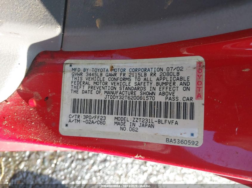 2002 Toyota Celica Gts VIN: JTDDY32T620061570 Lot: 43438884