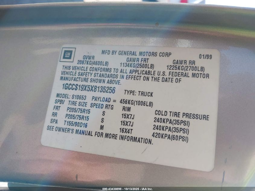 1999 Chevrolet S-10 Ls VIN: 1GCCS19X5X8135256 Lot: 43438898