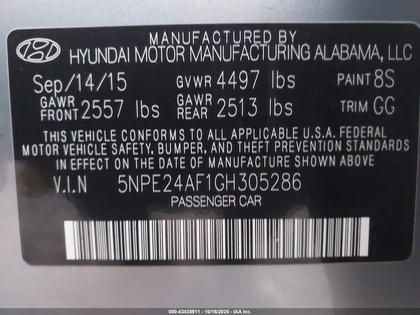 2016 HYUNDAI SONATA SE 5NPE24AF1GH305286