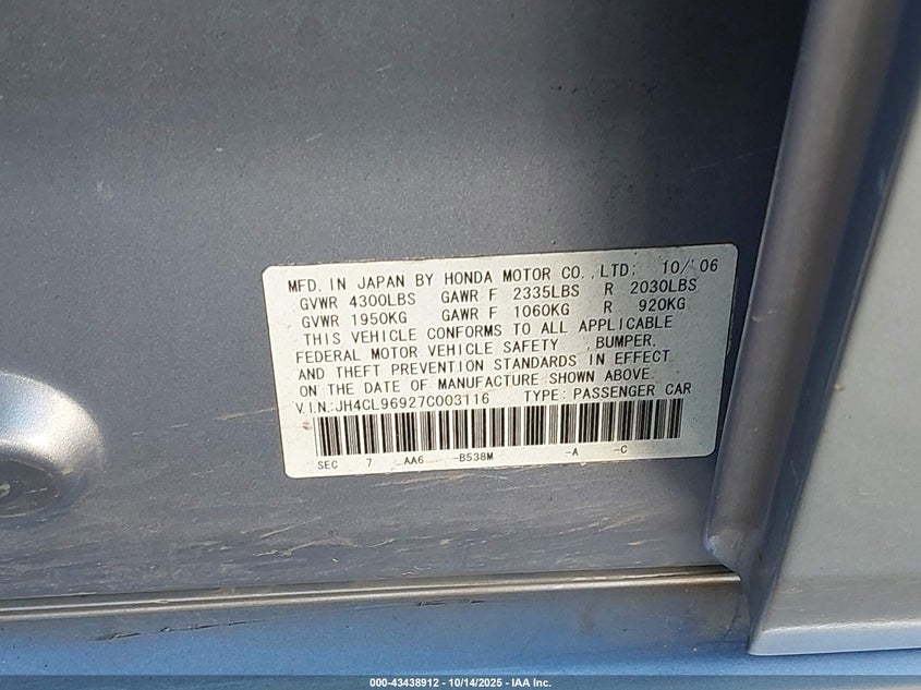 2007 Acura Tsx VIN: JH4CL96927C003116 Lot: 43438912