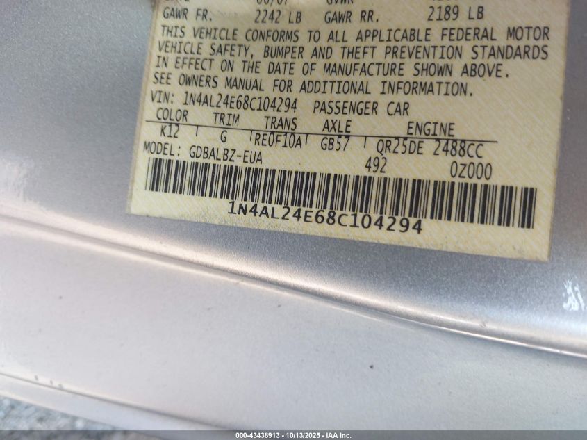 2008 Nissan Altima 2.5 S VIN: 1N4AL24E68C104294 Lot: 43438913