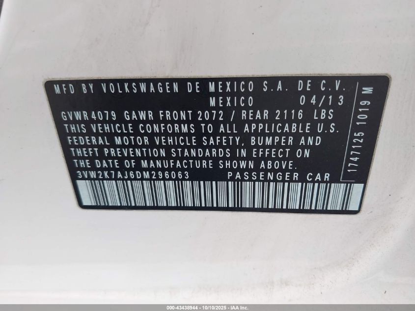 2013 Volkswagen Jetta S VIN: 3VW2K7AJ6DM296063 Lot: 43438944