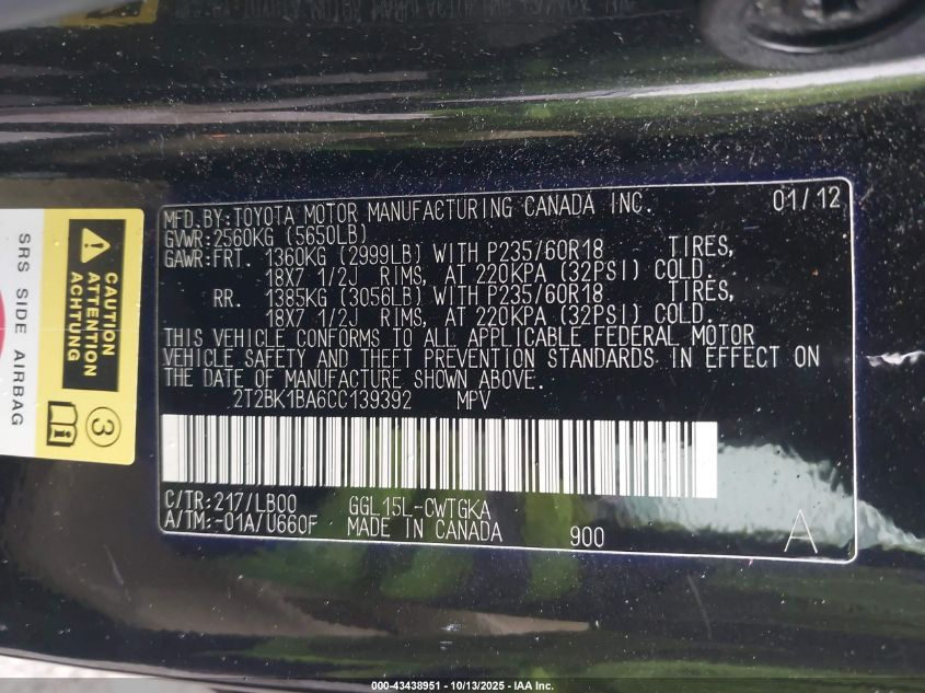 2012 Lexus Rx 350 VIN: 2T2BK1BA6CC139392 Lot: 43438951