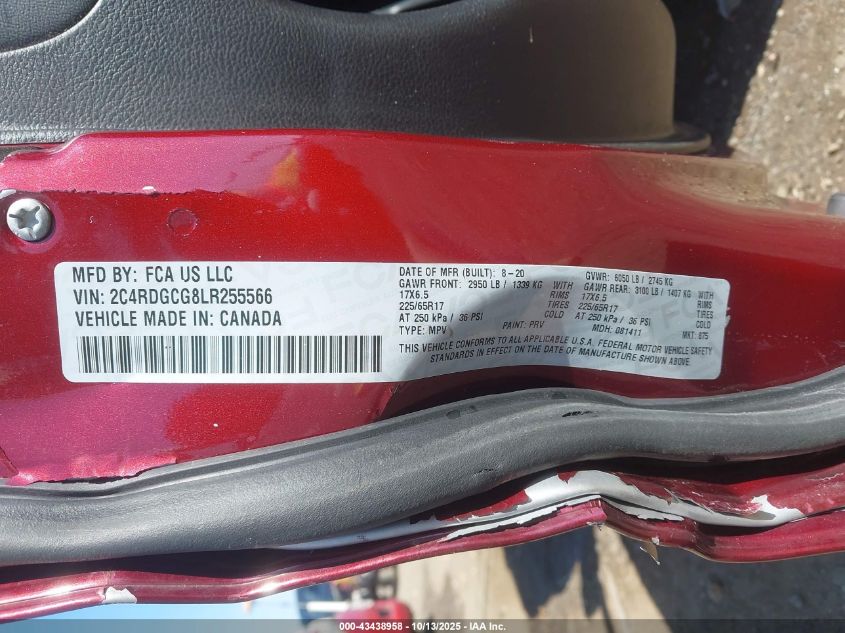 2020 Dodge Grand Caravan Sxt VIN: 2C4RDGCG8LR255566 Lot: 43438958